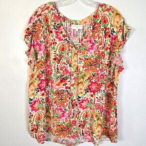 Cynthia Rowley Shirt Women's 2X Pink Multi Floral Paisley Summer Coastal Casual